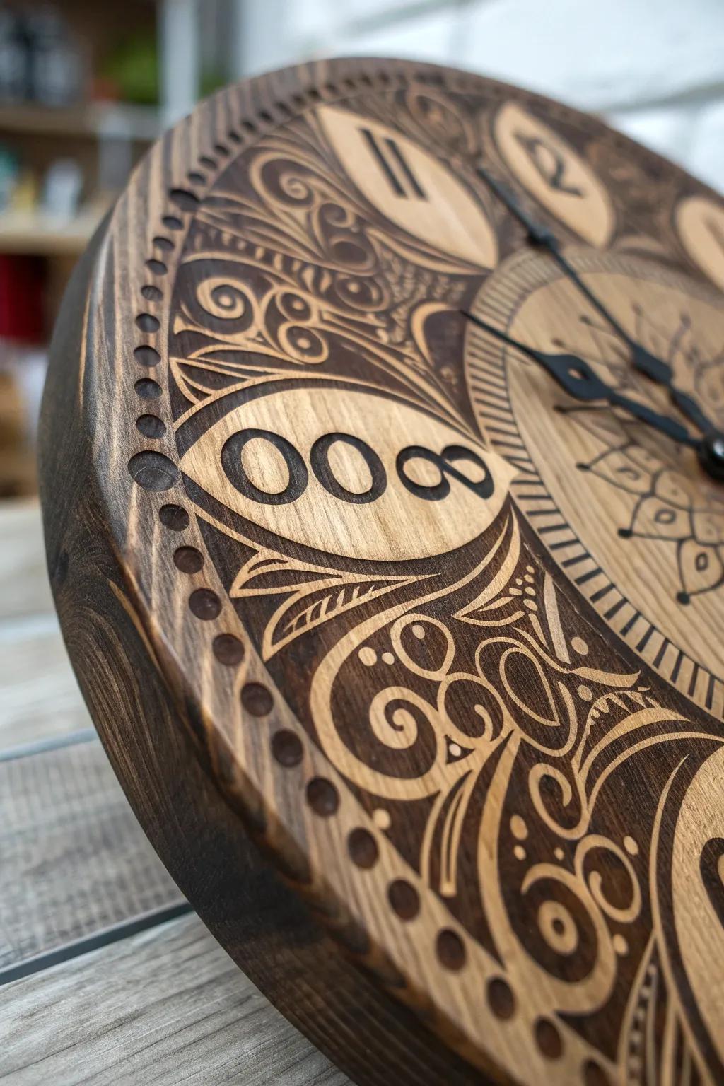 Time meets art: A stunning blend of pyrography and rustic charm in this handcrafted wooden clock.