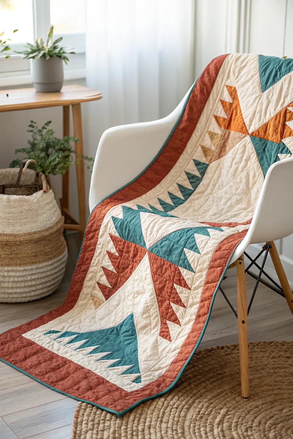 Elevate your quilting game with the dynamic Flying Geese pattern. Perfect for adding a touch of movement and elegance to any space.