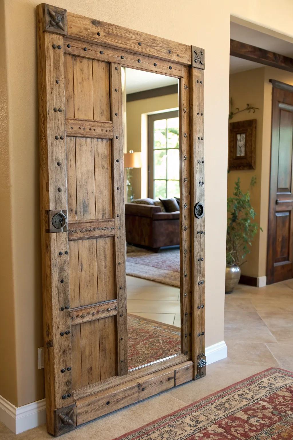 Transform history into elegance with a handcrafted mirror frame made from a repurposed door.