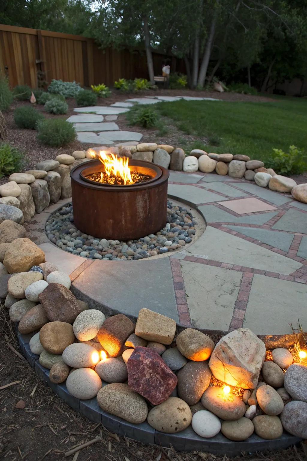 Craftsmanship meets nature: A rustic fire pit encircled by stones for the perfect evening ambiance.