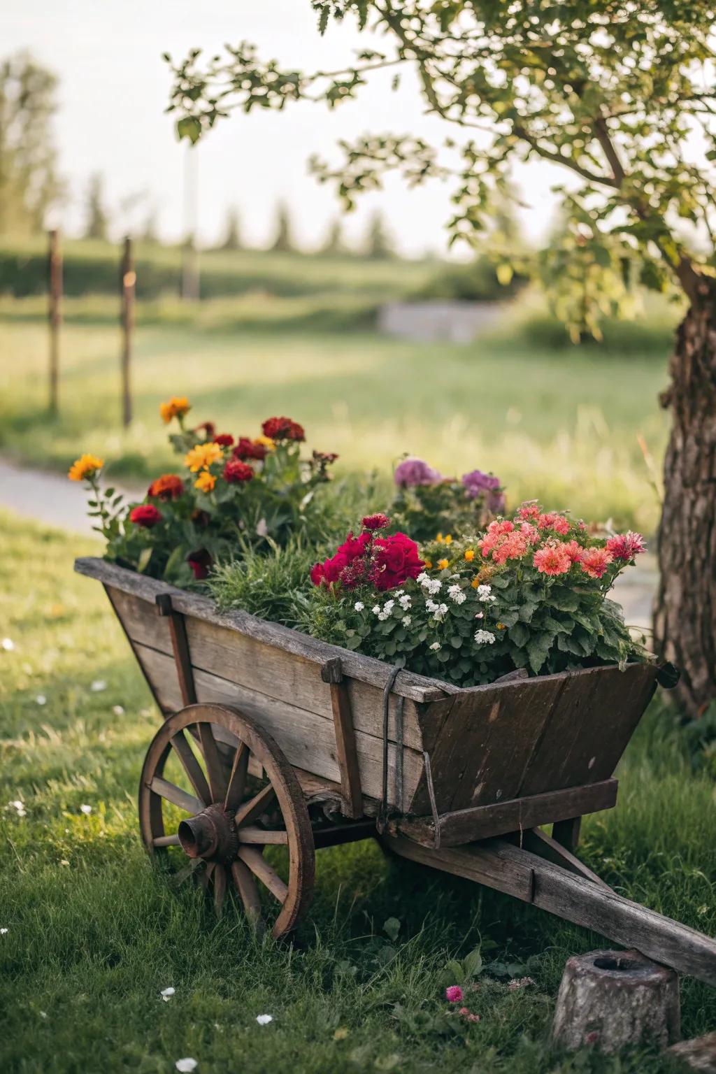 Transform nostalgia into beauty with a rustic wagon planter, where vibrant blooms meet vintage charm.