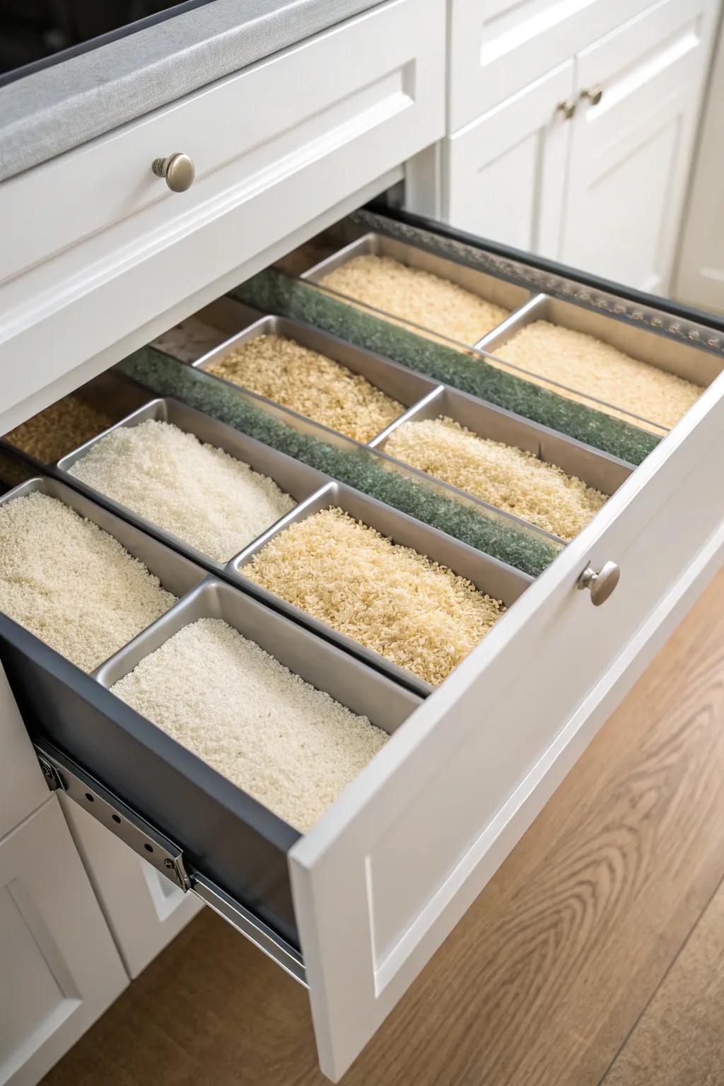 Drawer storage keeps rice accessible and neatly organized.