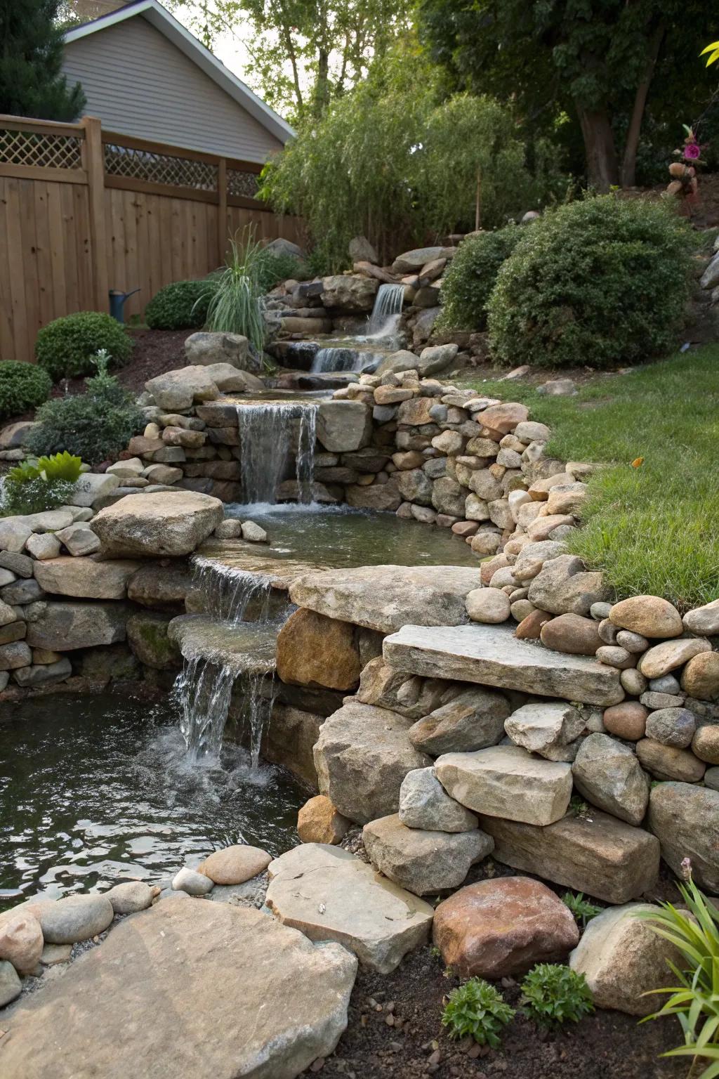 Transform your space with the rustic charm of a rock waterfall, where elegance meets functionality.