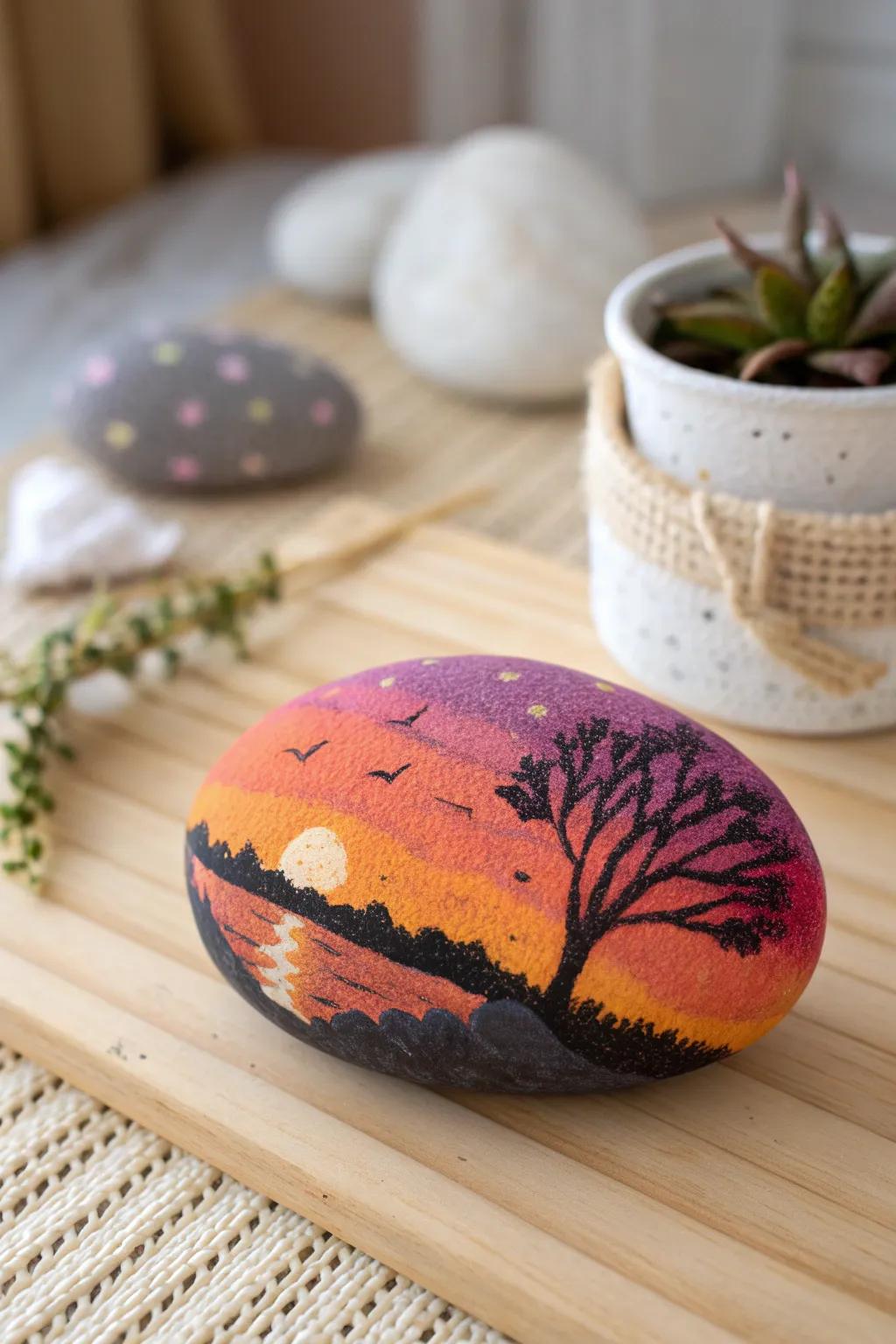Embrace the beauty of a textured twilight with this minimalist sunset rock painting.