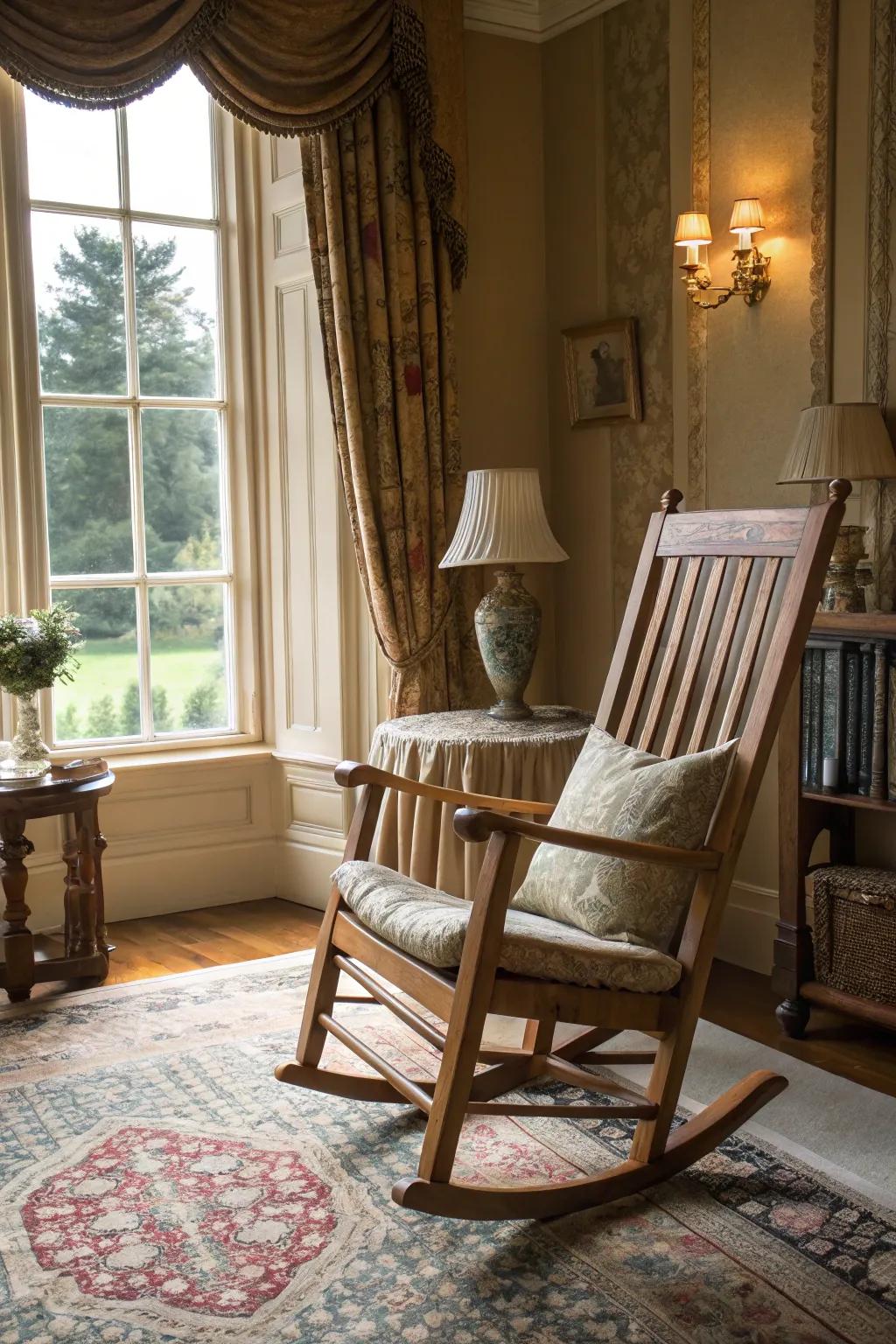 A rocking chair exuding classic elegance with its natural wood finish.