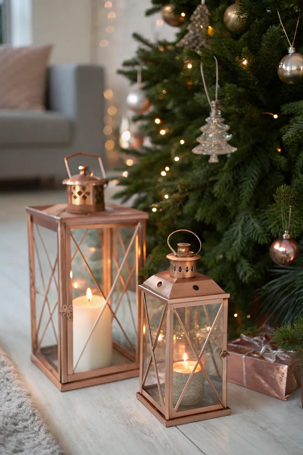 Rose gold lanterns create a unique glowing ambiance around the tree.