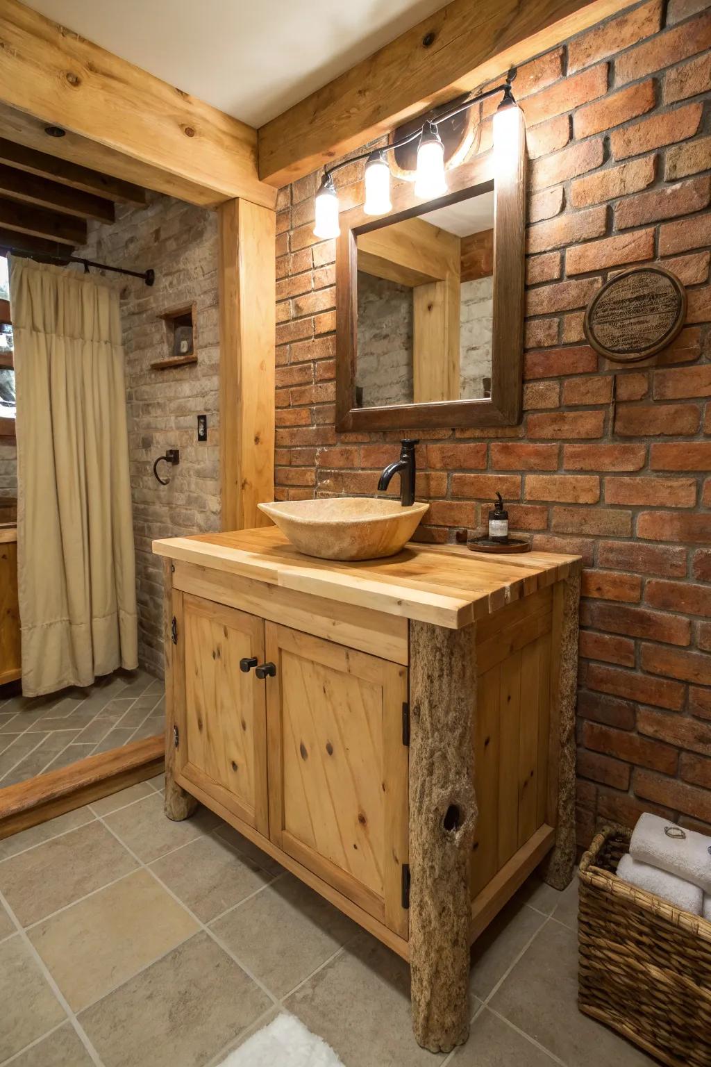 A rustic bathroom with a live edge wood vanity.