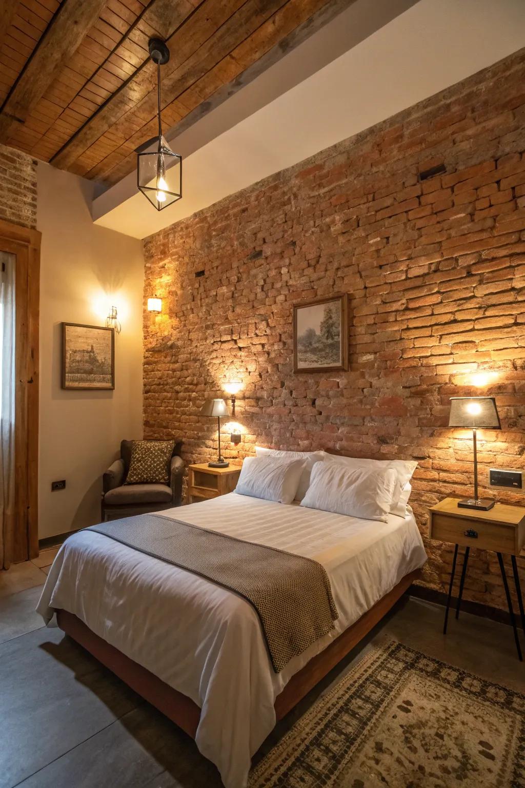 Warm lighting creating a cozy ambiance in the rustic bedroom.