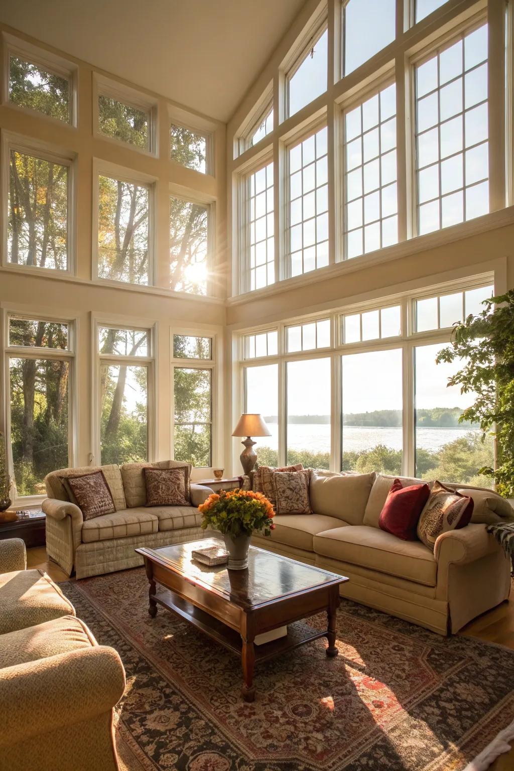 Natural light floods this rustic glam living room, highlighting its features.