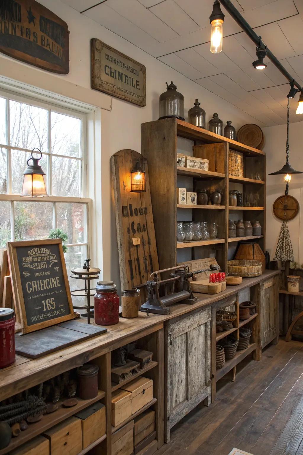 Repurposed materials add a sustainable story to this rustic shop.