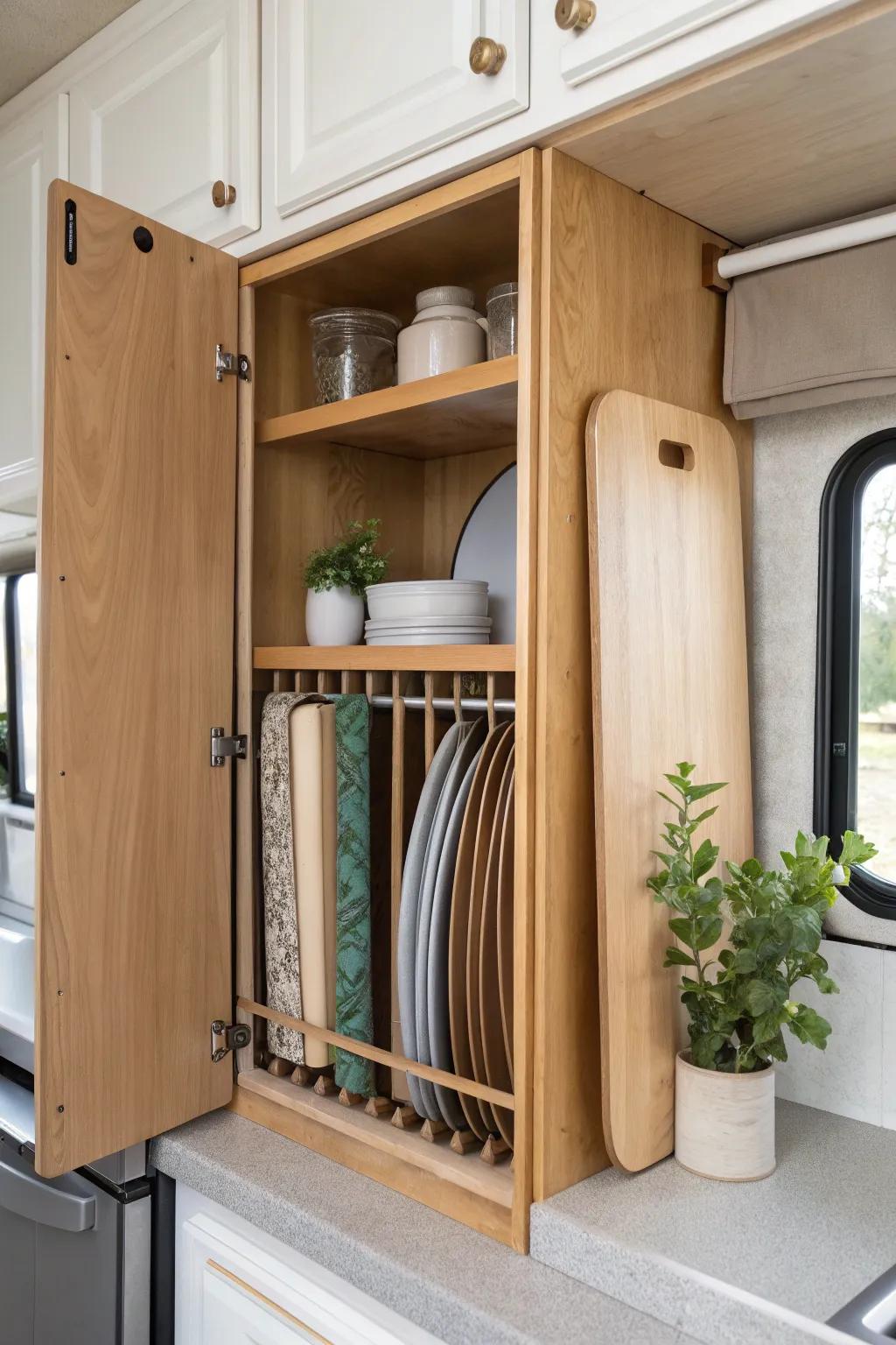 Transform your RV kitchen with stylish tension rod dividers for a clutter-free and chic look!