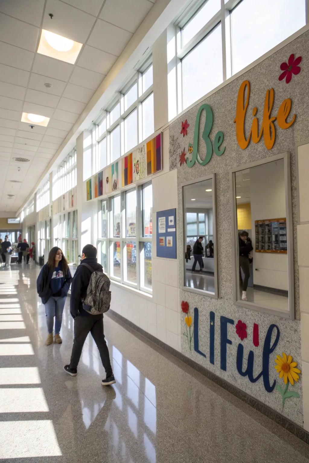 Mirrors in a school lobby, reflecting positive affirmations.