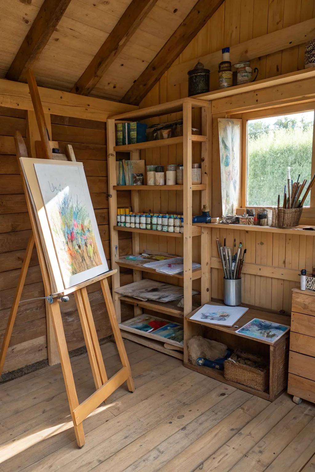 Transform your shed into a haven for creativity with this rustic art studio setup.
