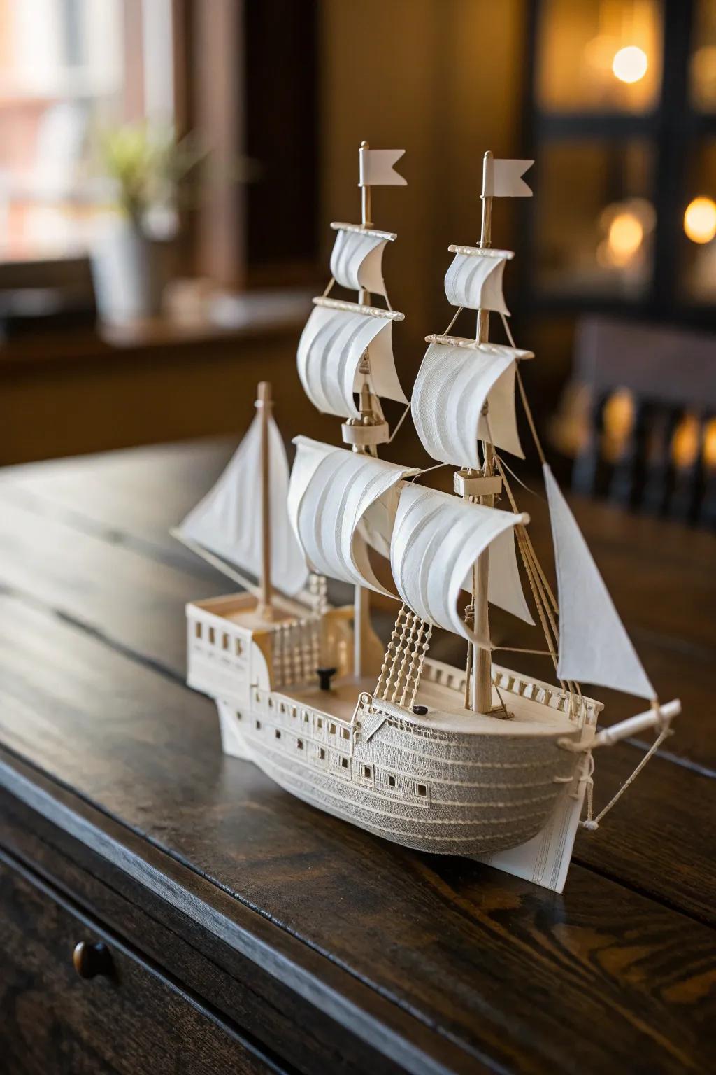 Set sail on a journey of creativity with this intricately crafted paper Pilgrim ship.