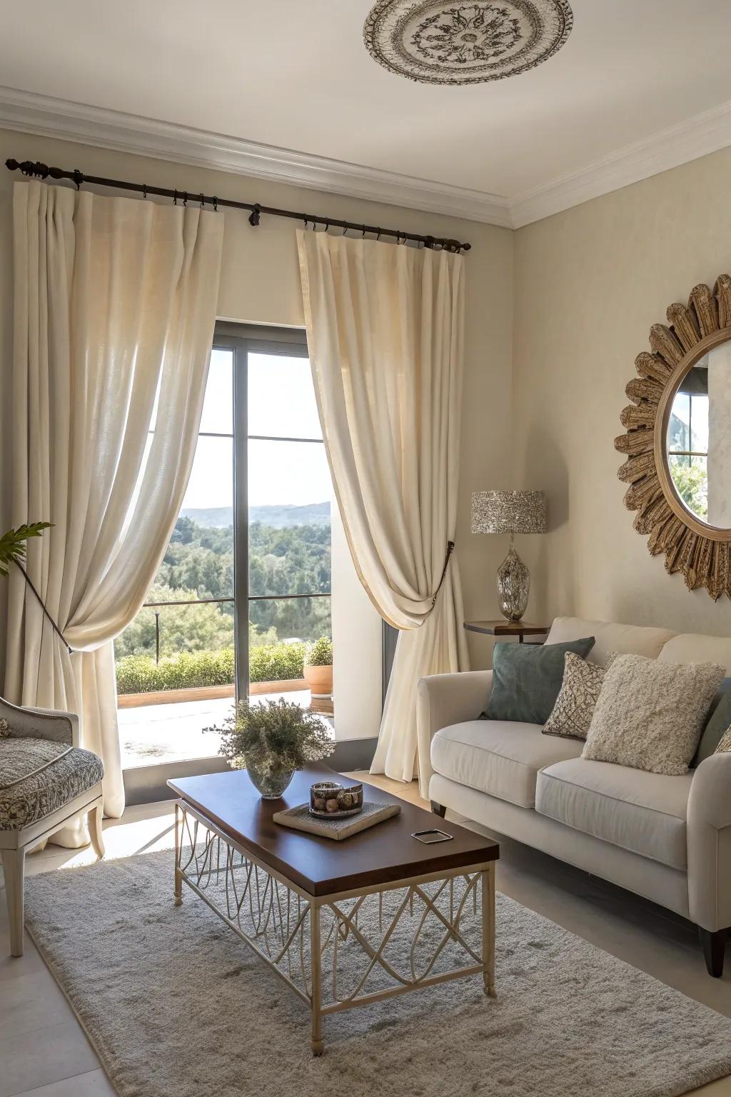 Decorative holdbacks enhancing the elegance of short curtains.