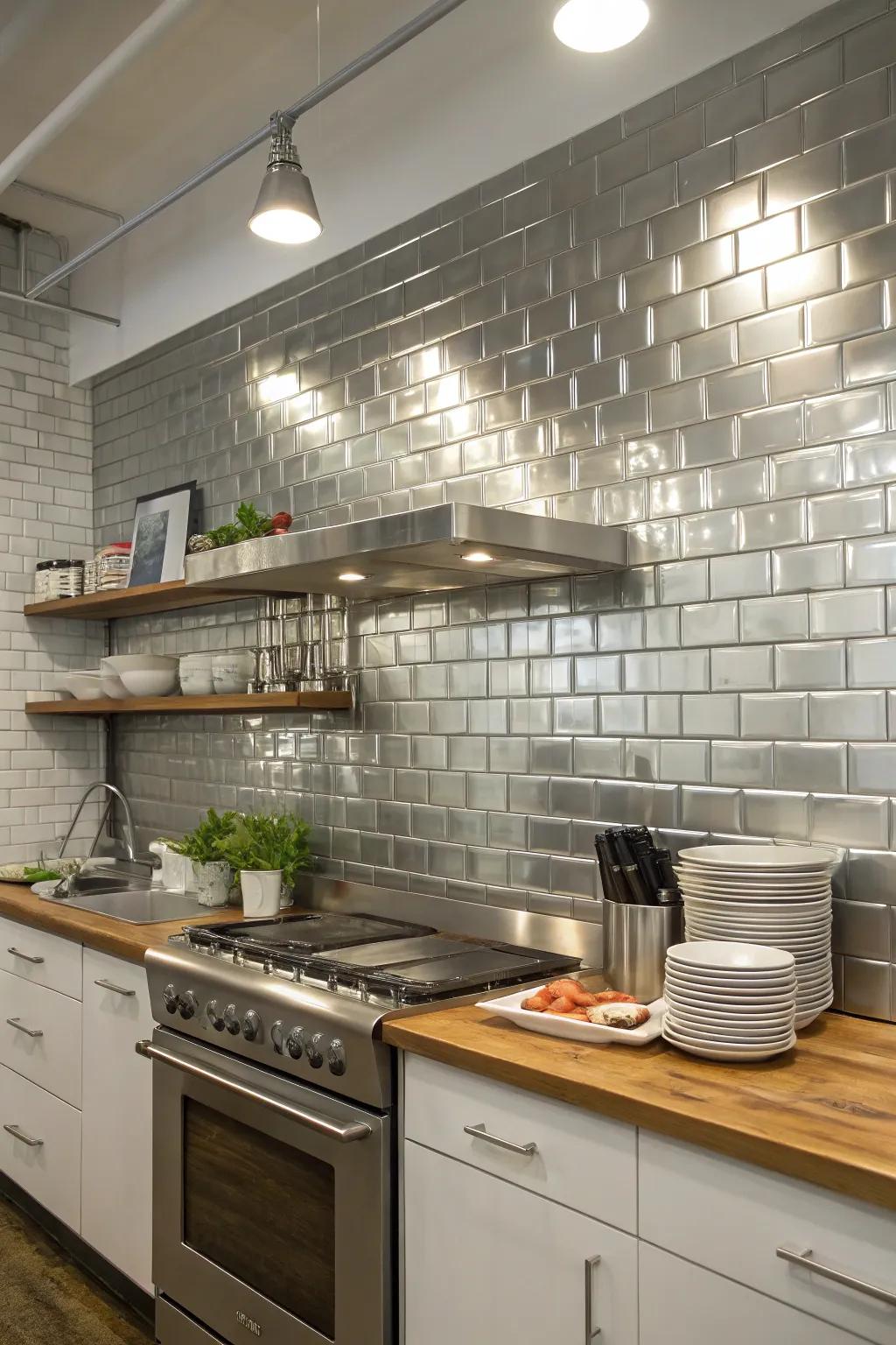 An industrial chic kitchen with a silver subway tile backsplash.
