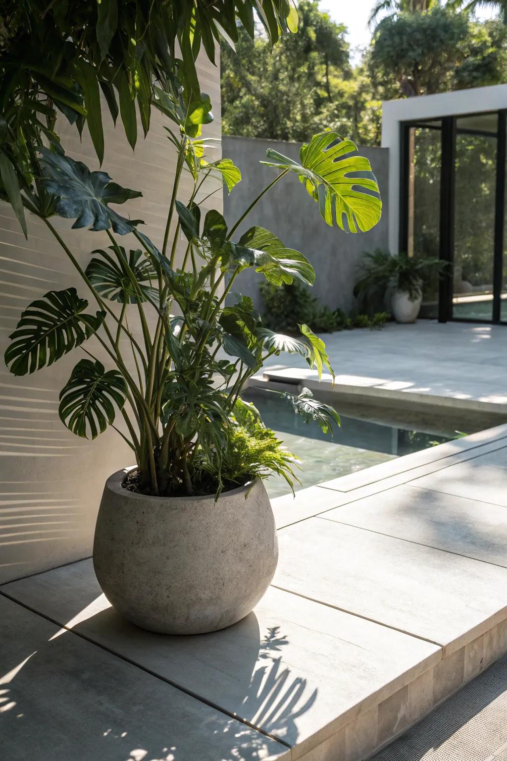Transform your patio into a tropical retreat with the bold elegance of potted greenery.