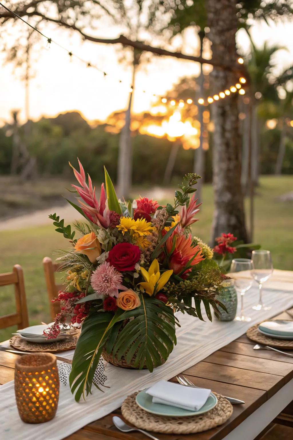 Tropical flowers bring warmth and color to your table.