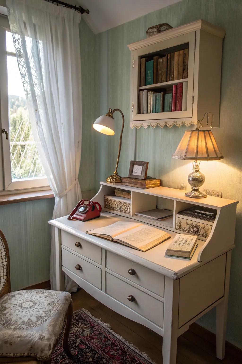 A vintage desk adds warmth and character to any small bedroom.
