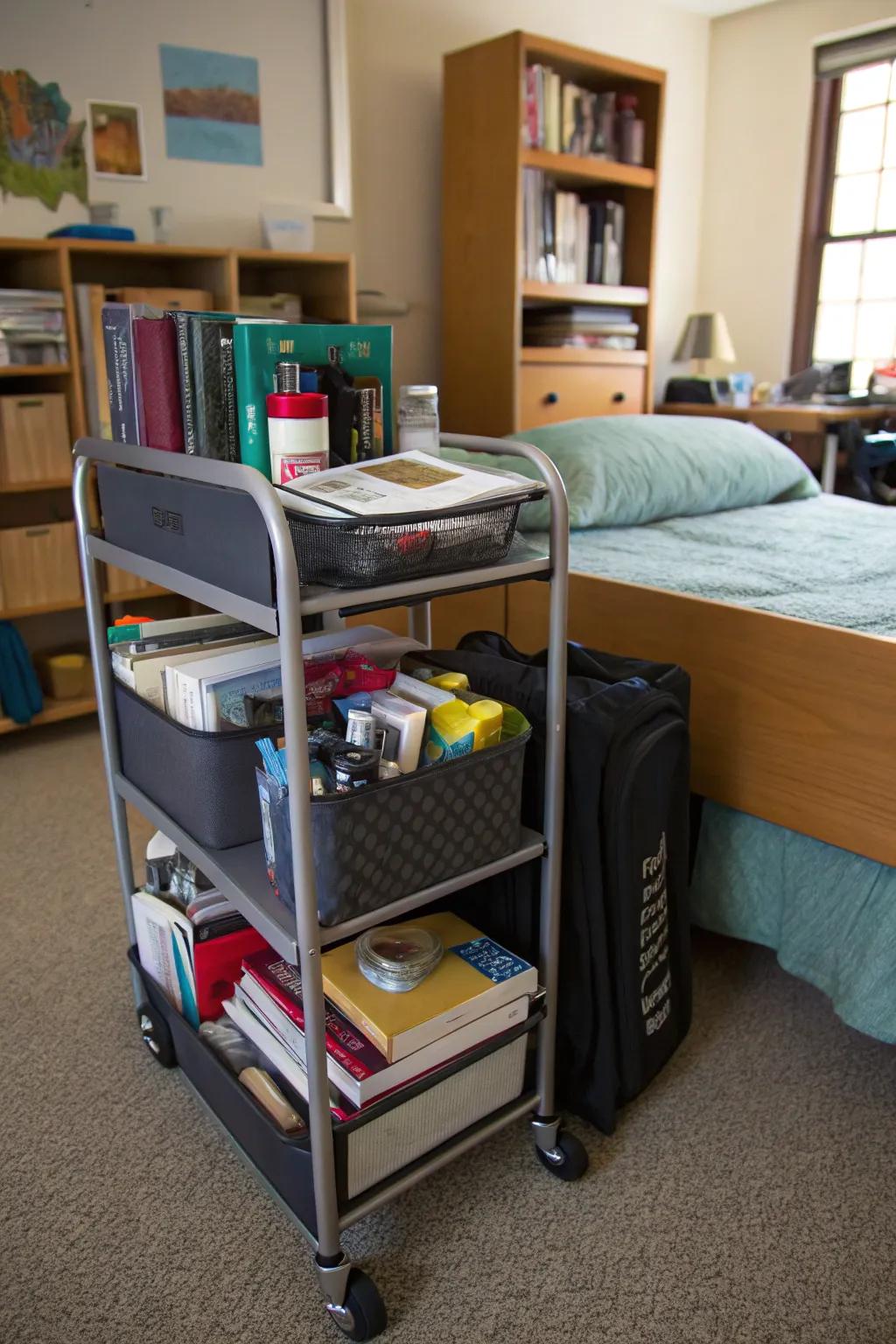 A rolling cart provides flexible storage for various items.