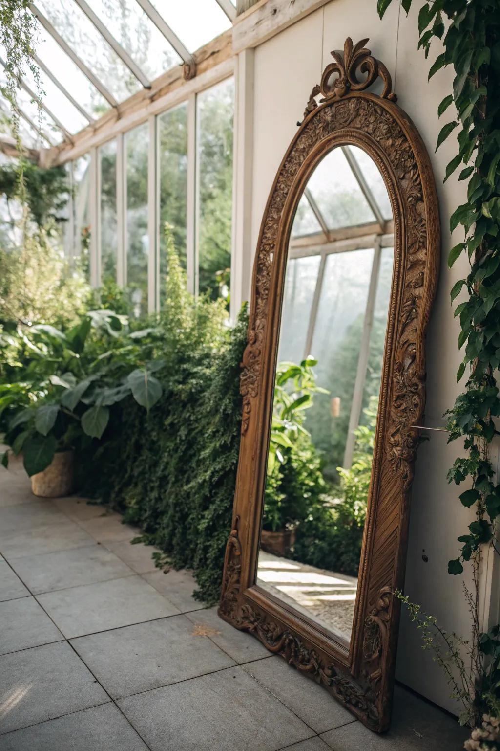 Reflecting Nature: Enhance your greenhouse space with the timeless charm of a vintage mirror.