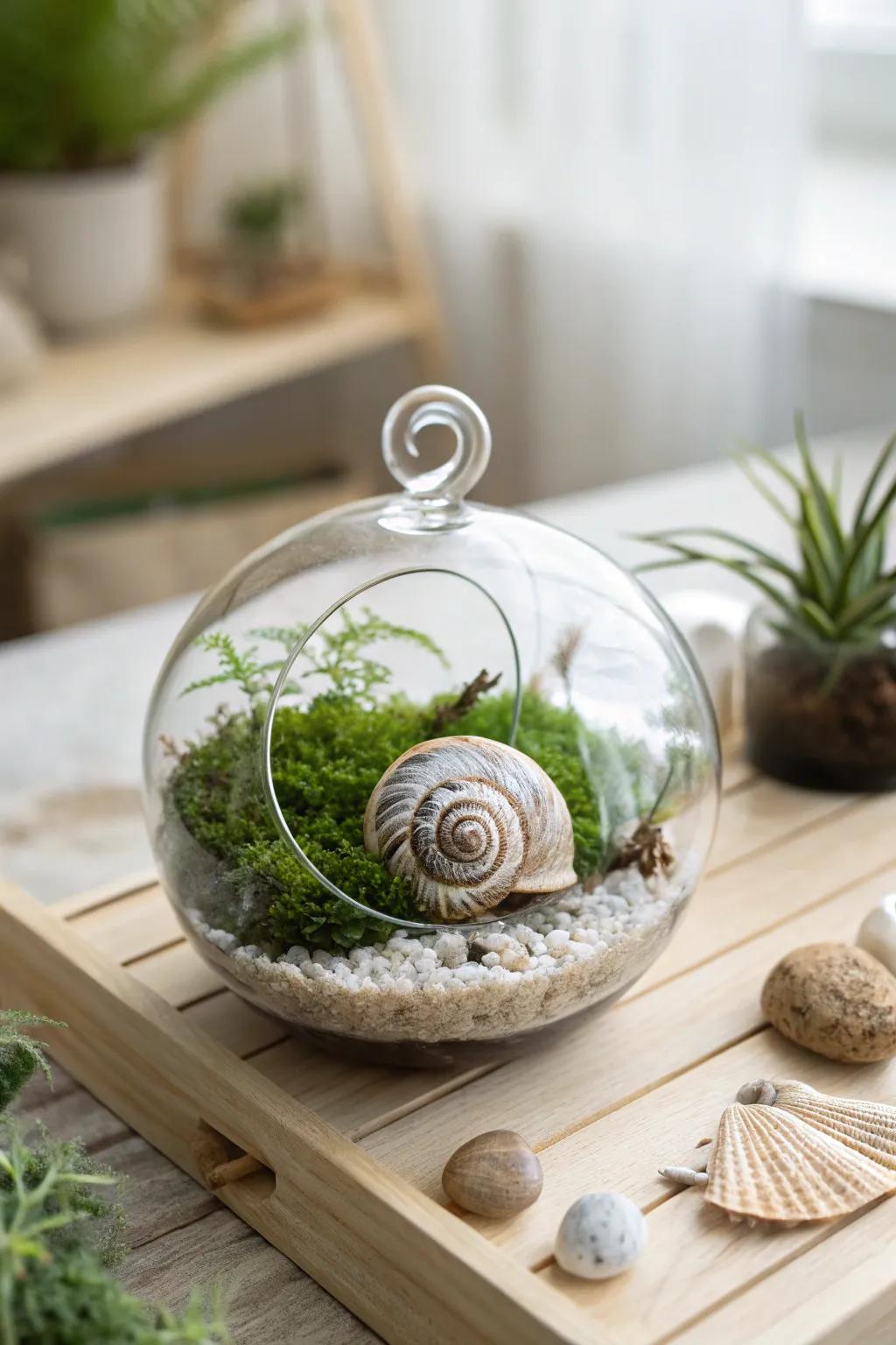 Add a touch of nature's elegance to your space with a snail shell terrarium.