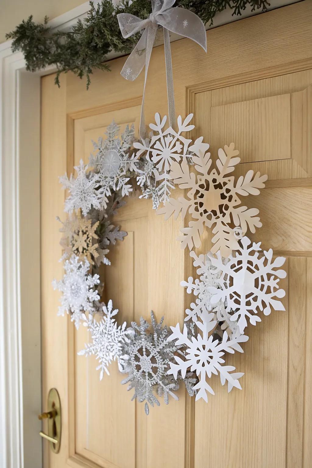 Welcome your guests with the enchanting simplicity of a handcrafted snowflake wreath.