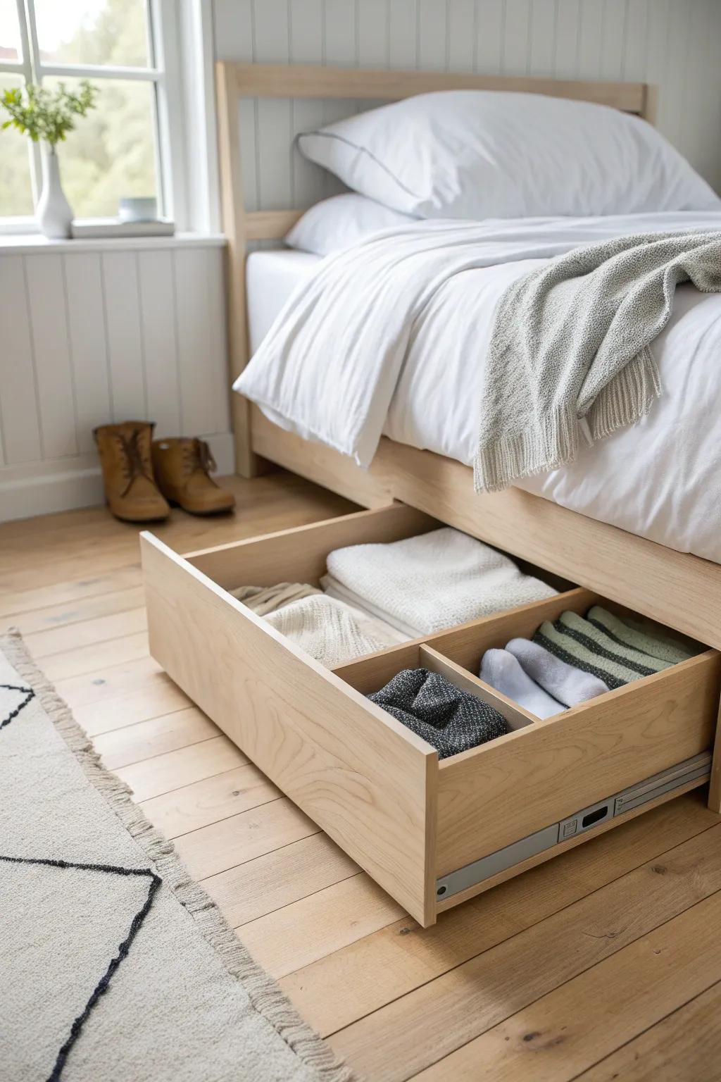 Effortless organization with a minimalist touch: Discover the charm of under-bed storage.