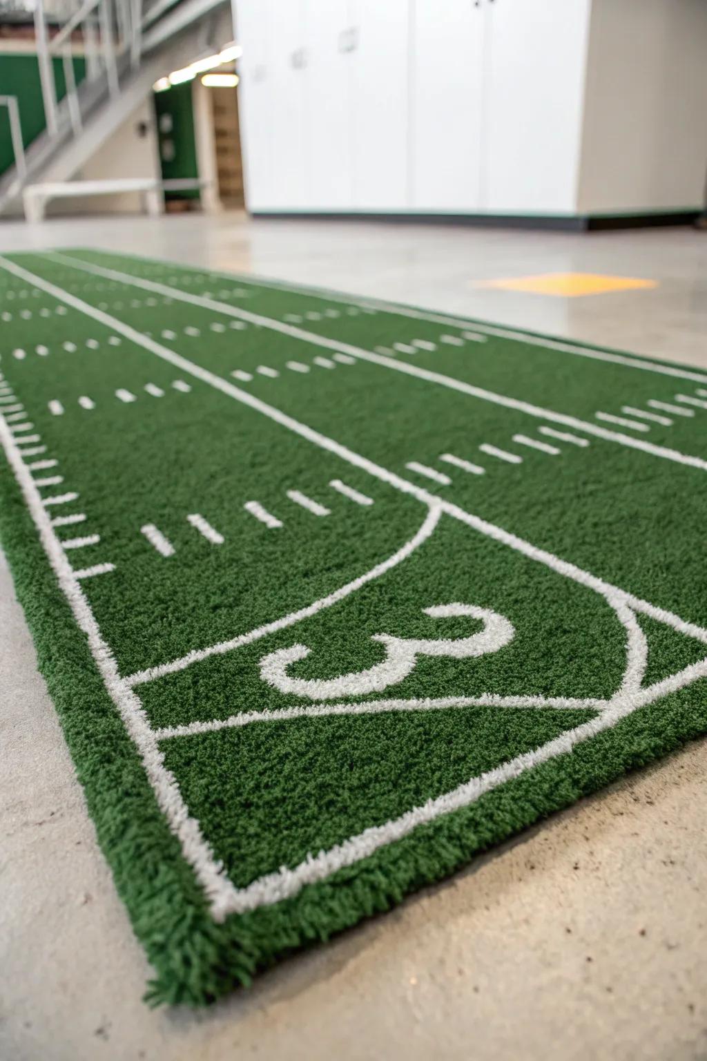 A sports-themed rug resembling a playing field.
