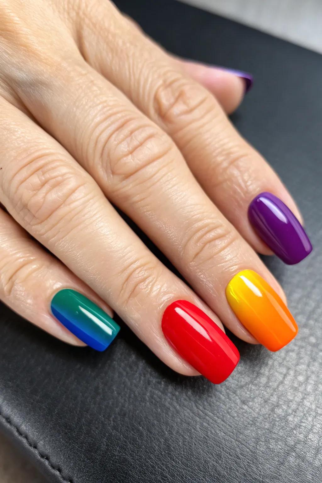 Embrace the spectrum with bold, rainbow-hued square nails that make a statement.