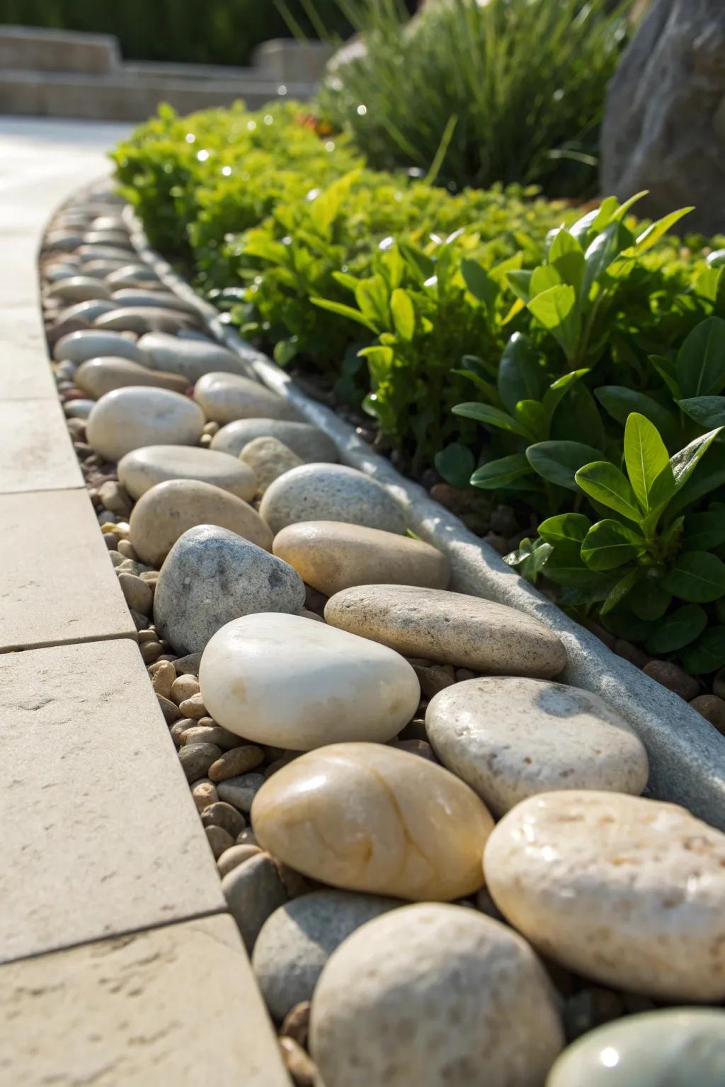 Elevate your garden's elegance with sleek, smooth stone borders.