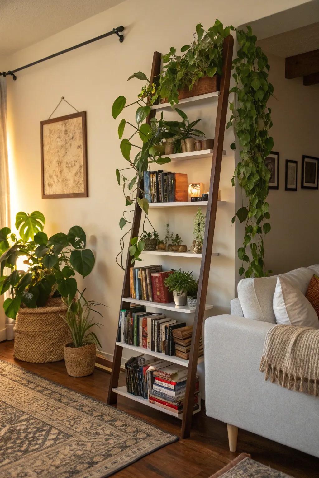 Ladder shelves offer vertical storage with a decorative flair.