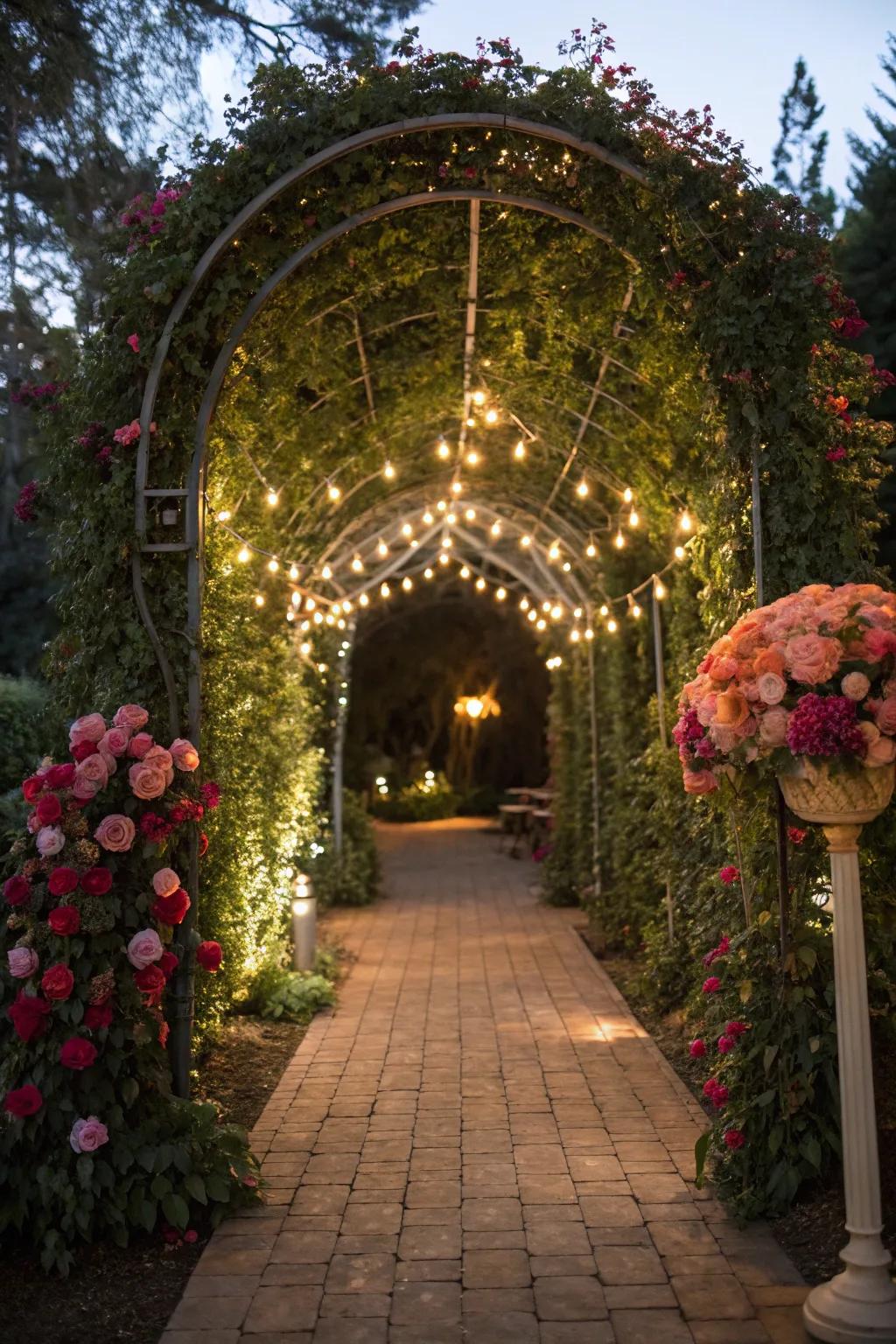 Garden arches add a whimsical touch when combined with string lights.