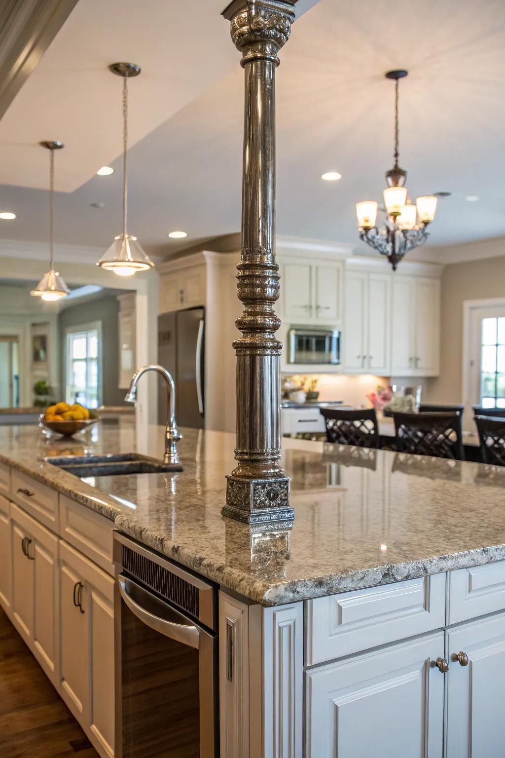 Mirrored posts create an illusion of space in a compact kitchen.