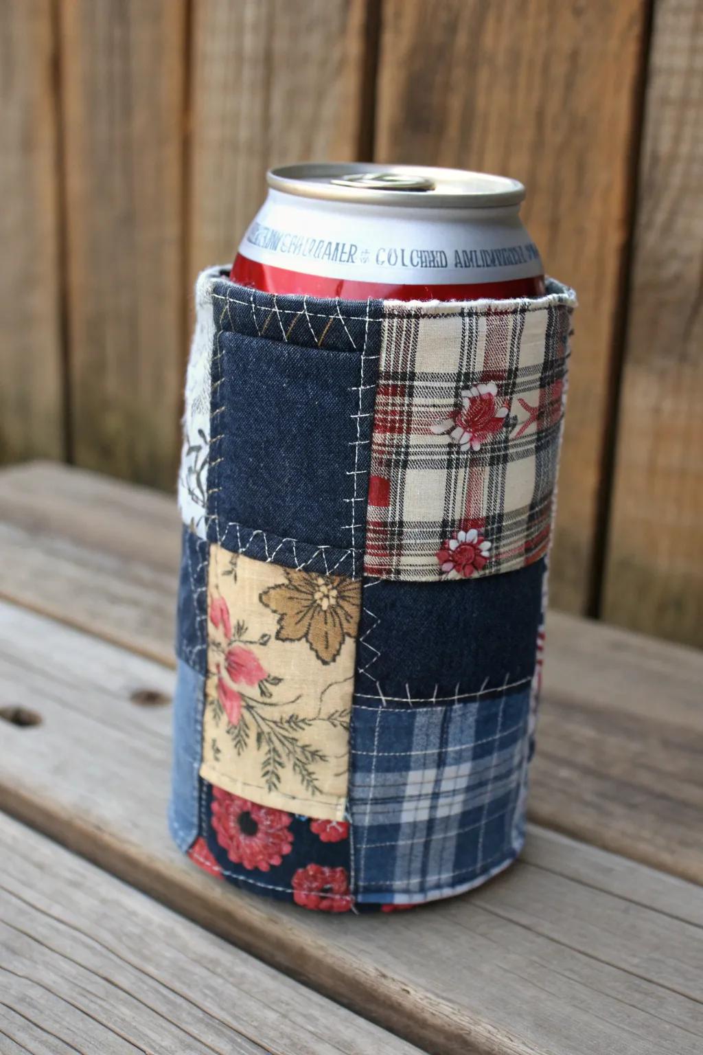 Embrace sustainability with these handcrafted patchwork koozies. Perfectly imperfect and uniquely yours.