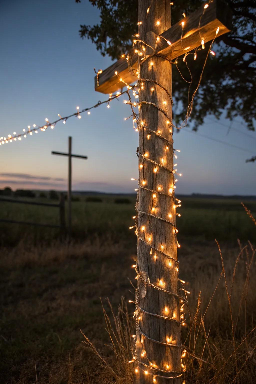 Illuminate your evenings with the enchanting glow of fairy lights wrapped around a rustic T-post.