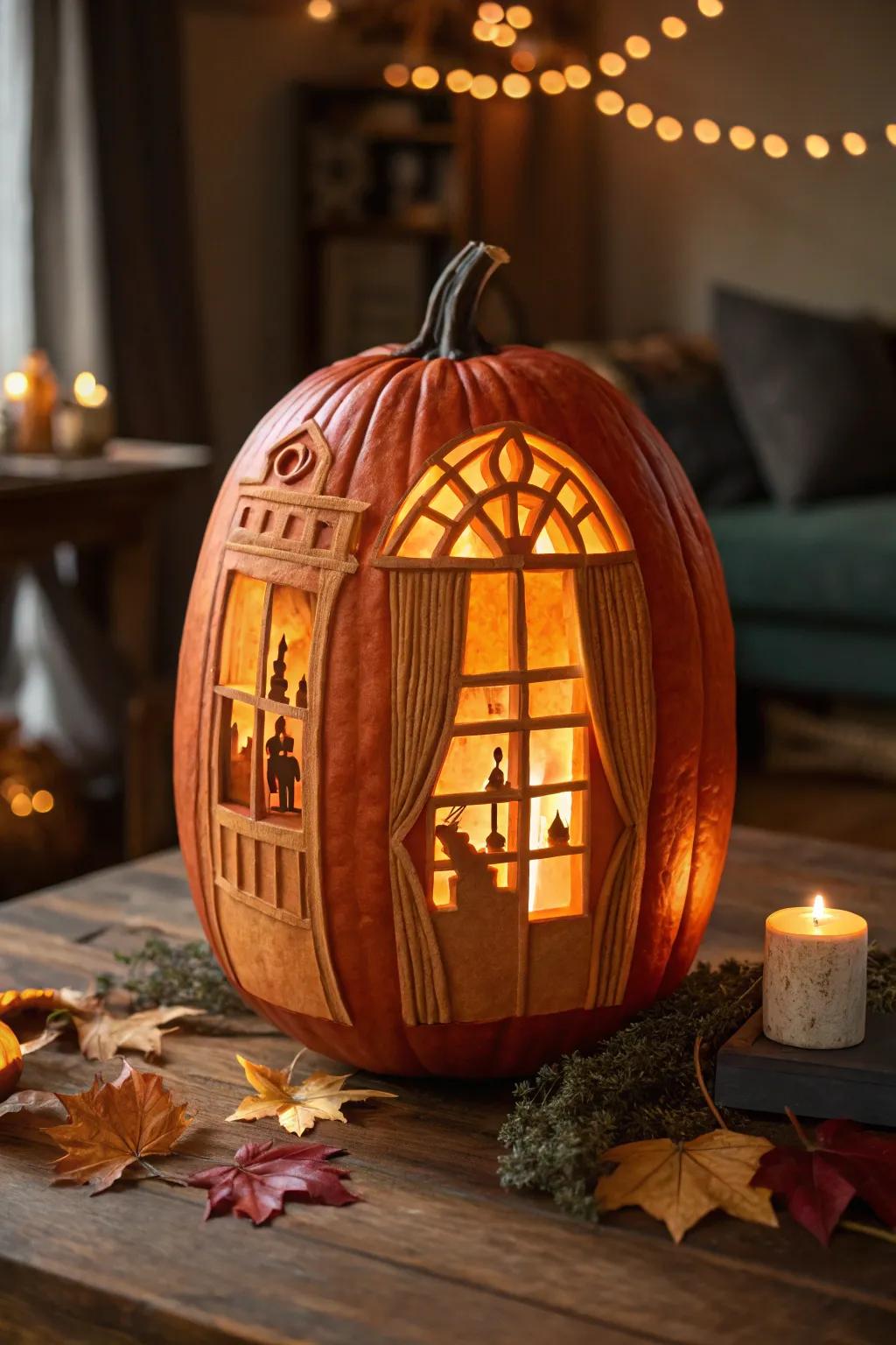 Discover the artistry within: A pumpkin turned into a theater of imagination.