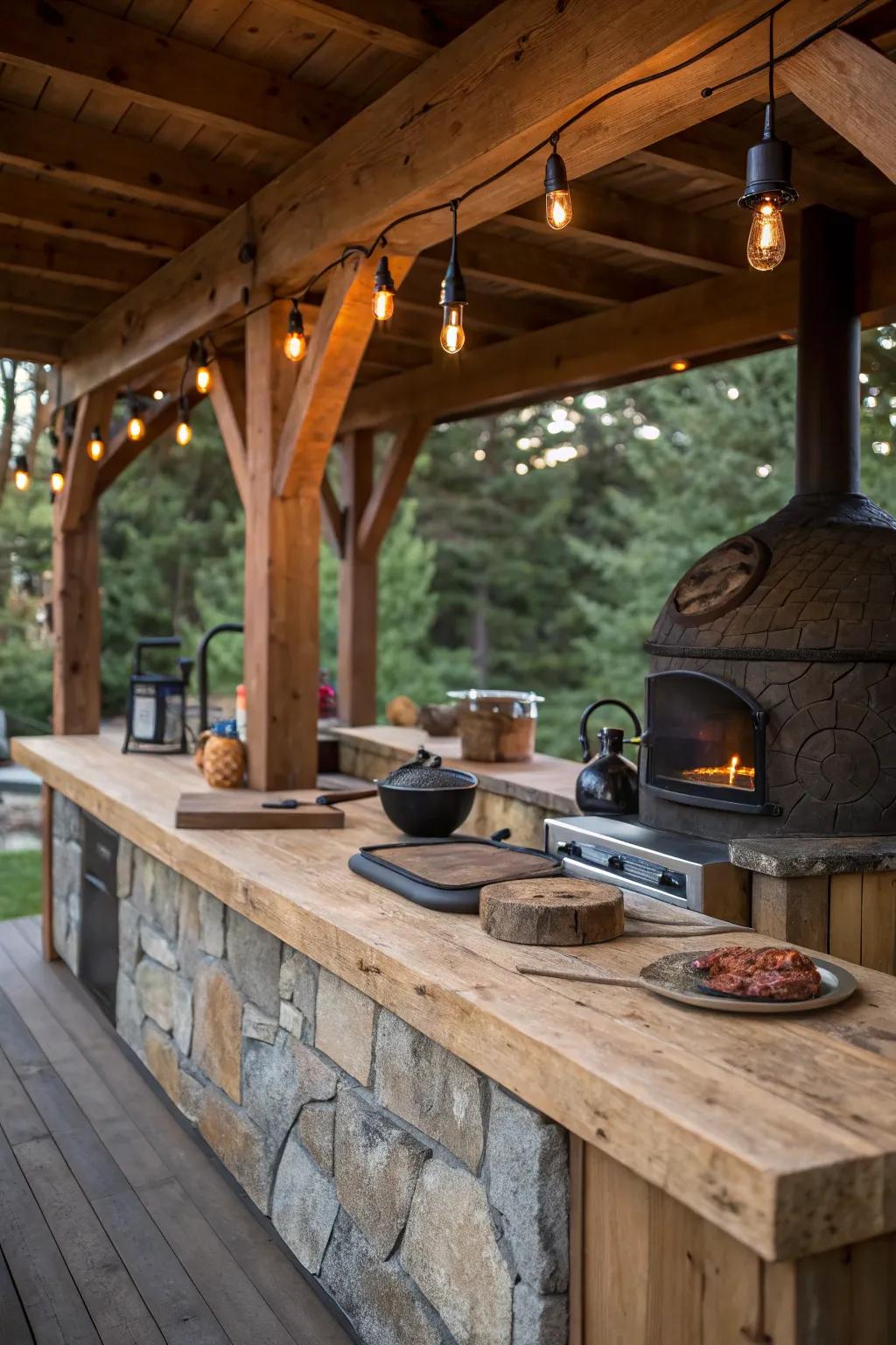 Experience the art of outdoor cooking with this rustic timber frame kitchen.
