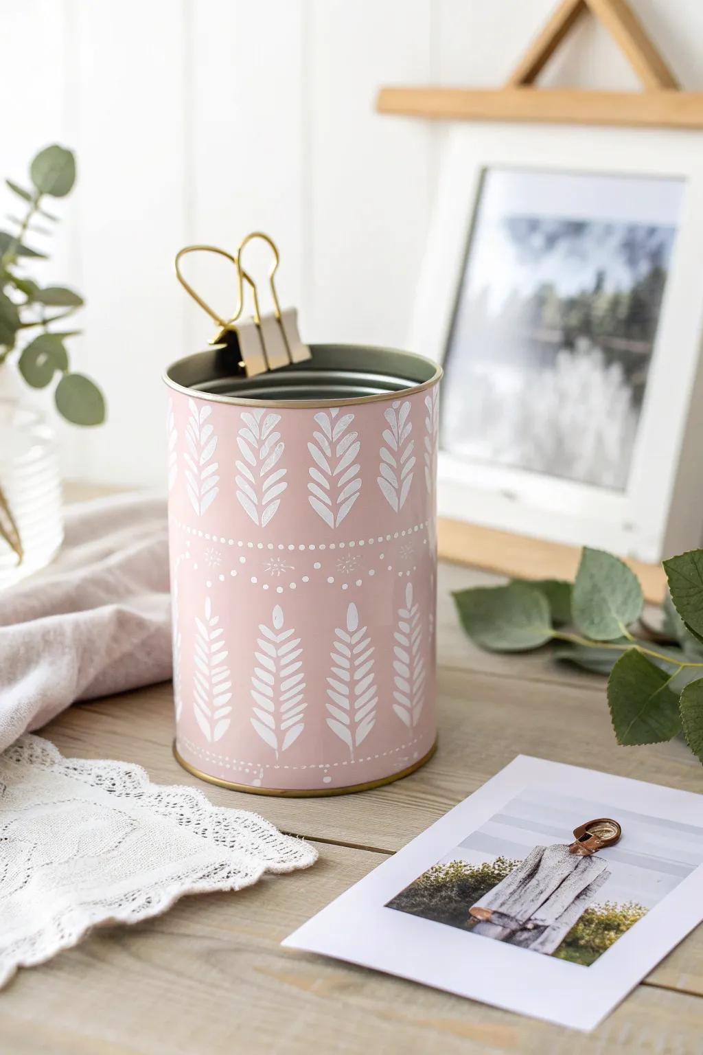 Transform memories into art with this chic tin can photo holder.