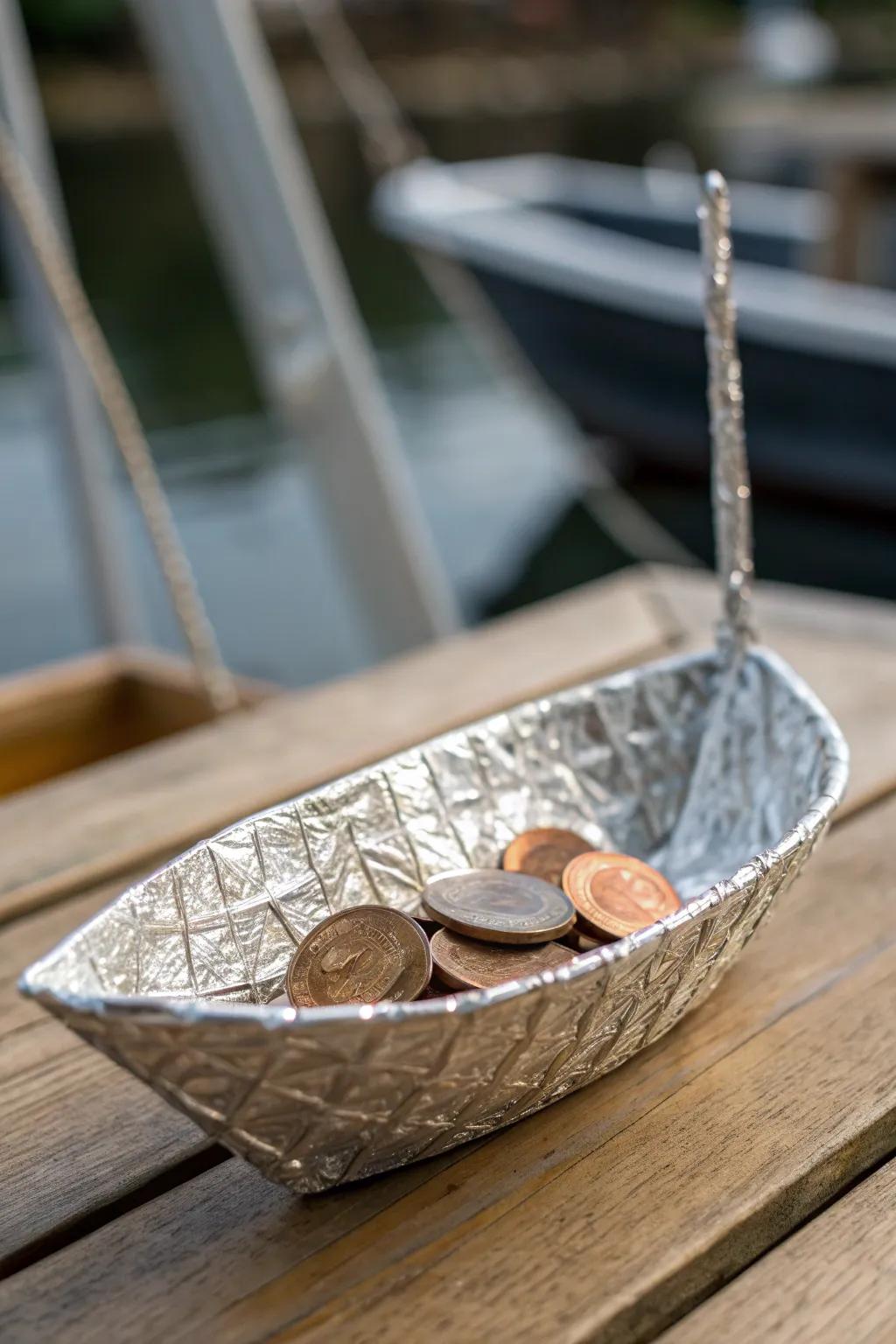 Craftsmanship afloat: a tin foil basket boat designed for buoyancy and elegance.