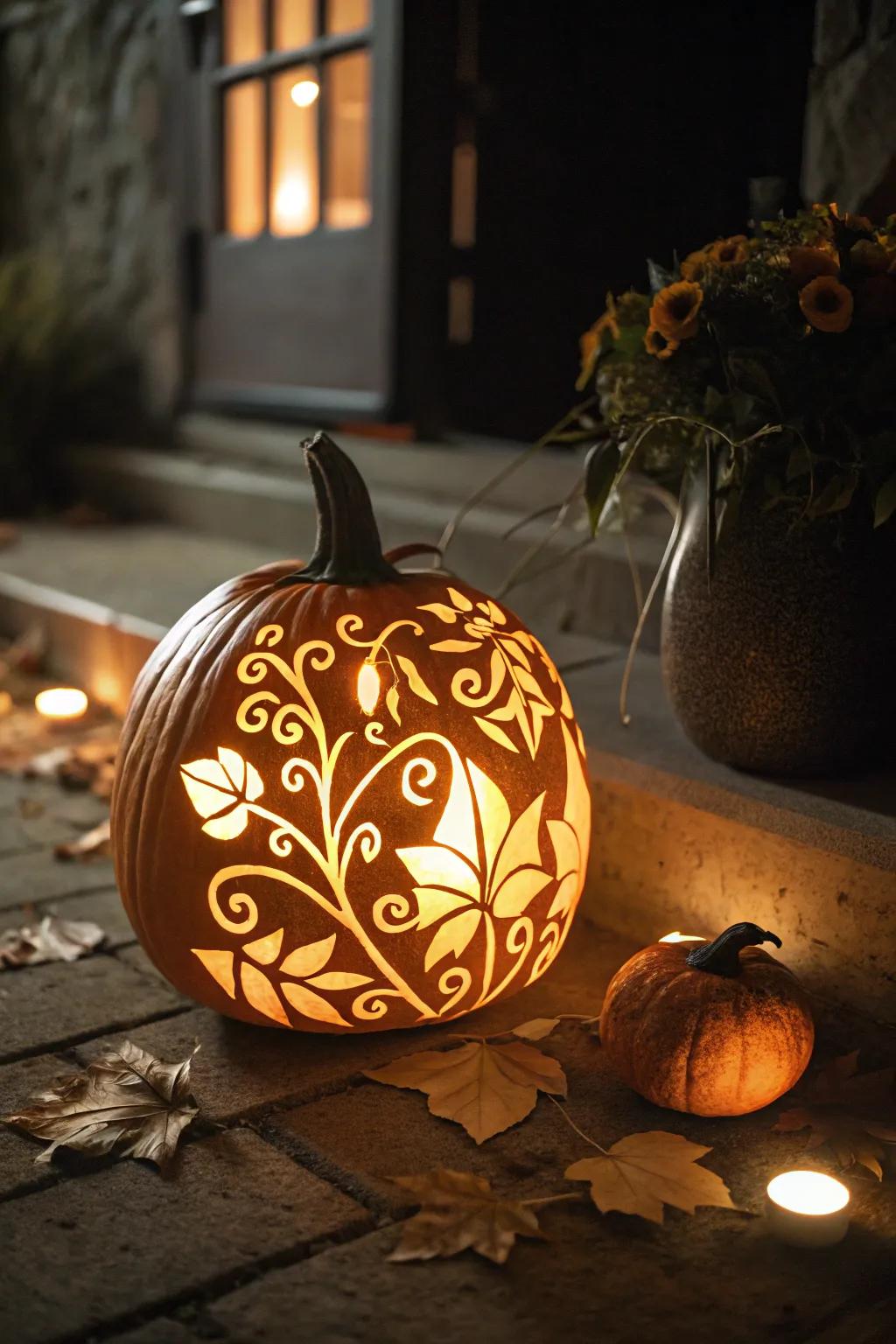 A pumpkin glowing magically in the dark.