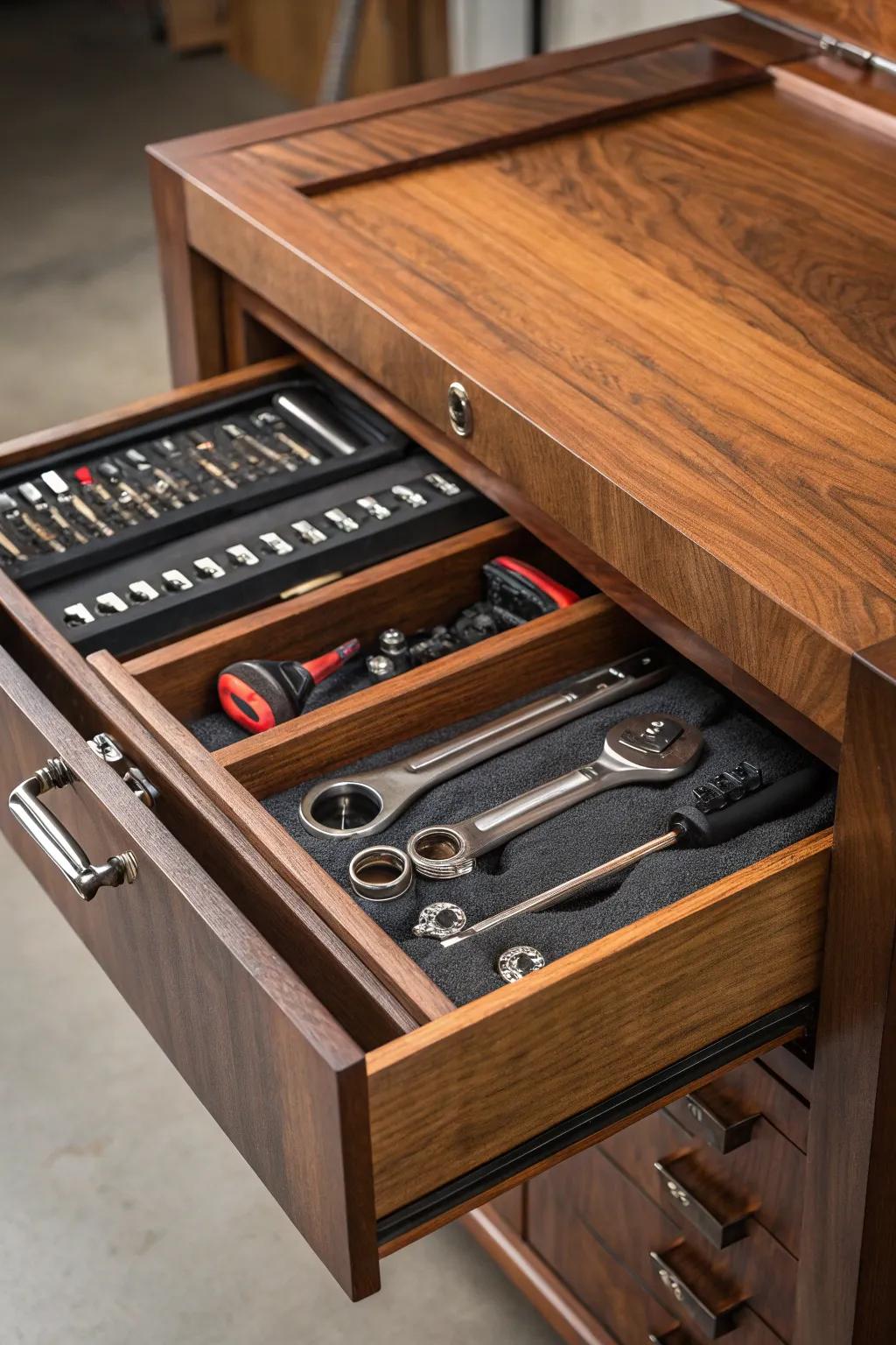 Discover the art of seamless organization with hidden storage solutions in your workshop.