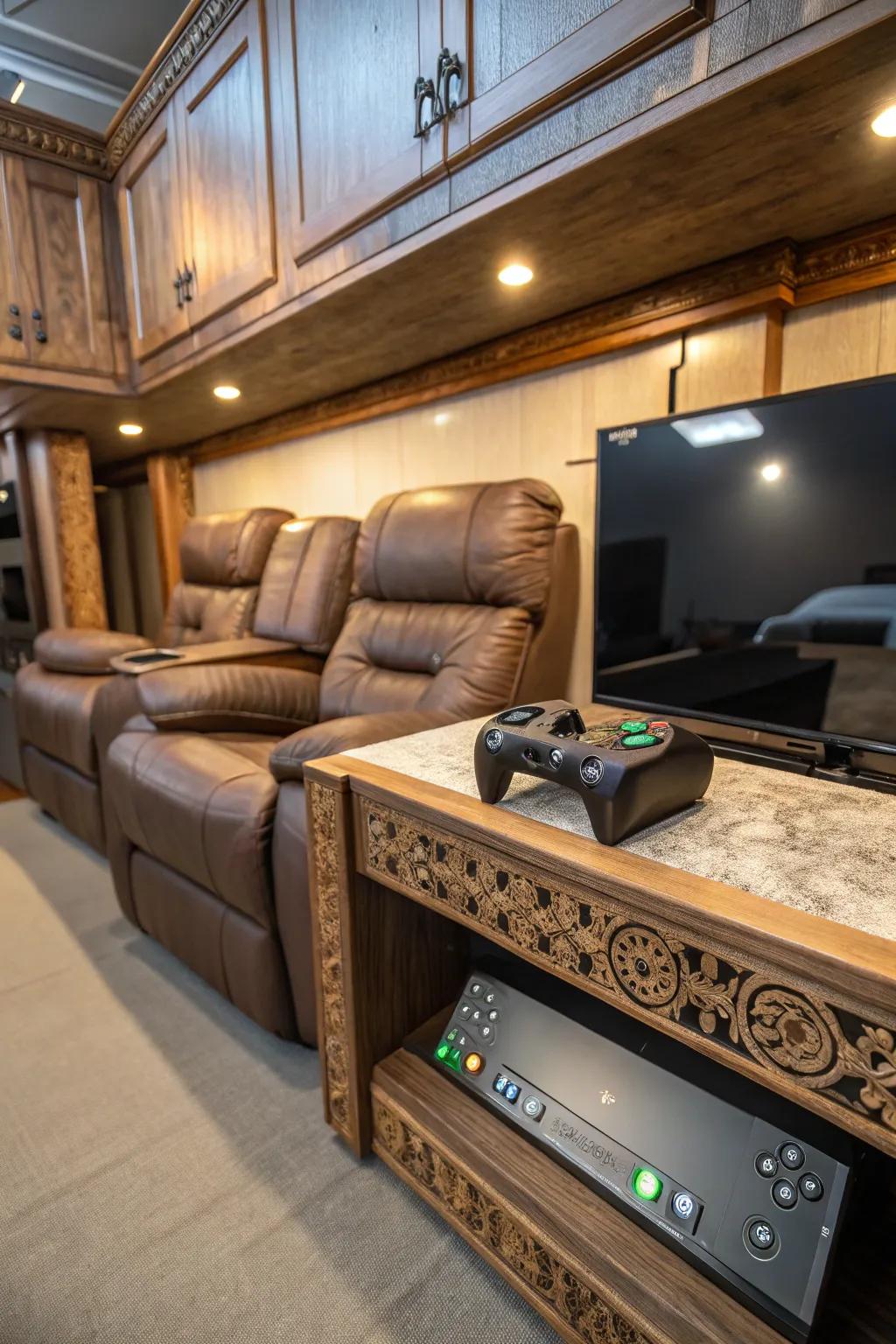 Transform your toy hauler garage into the ultimate game room haven with handcrafted elegance and comfort.
