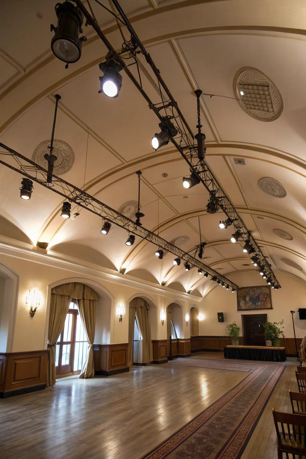 Layered lighting with track lights adds depth and visual interest.