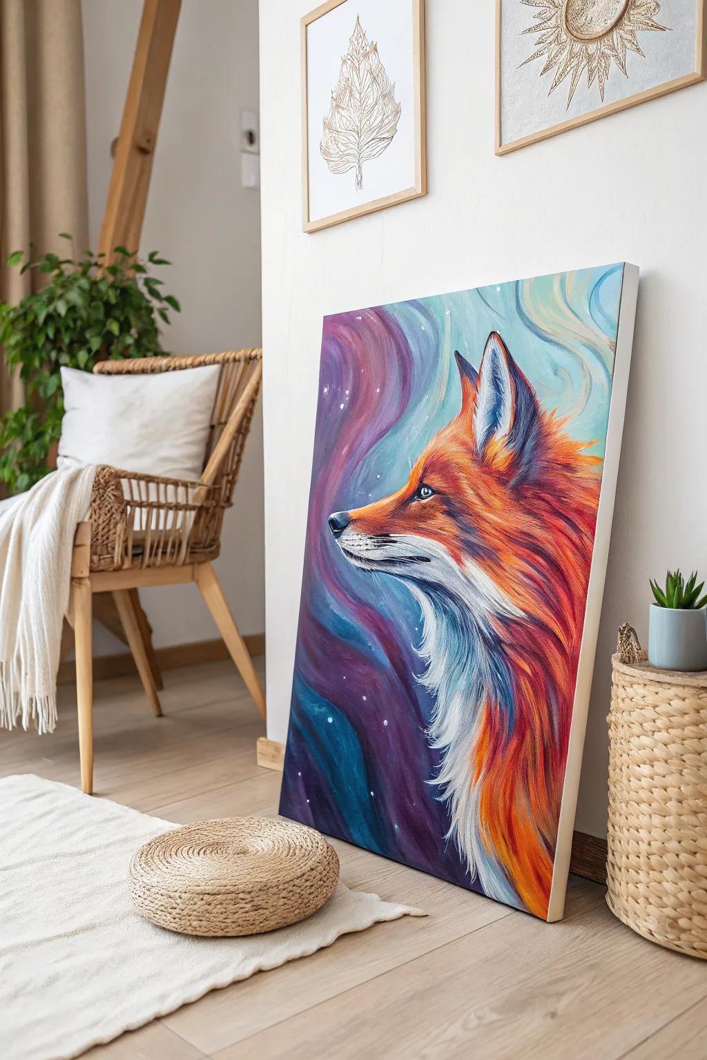 Dive into the wild with this vibrant, abstract fox painting that brings a psychedelic twist to minimalist decor.