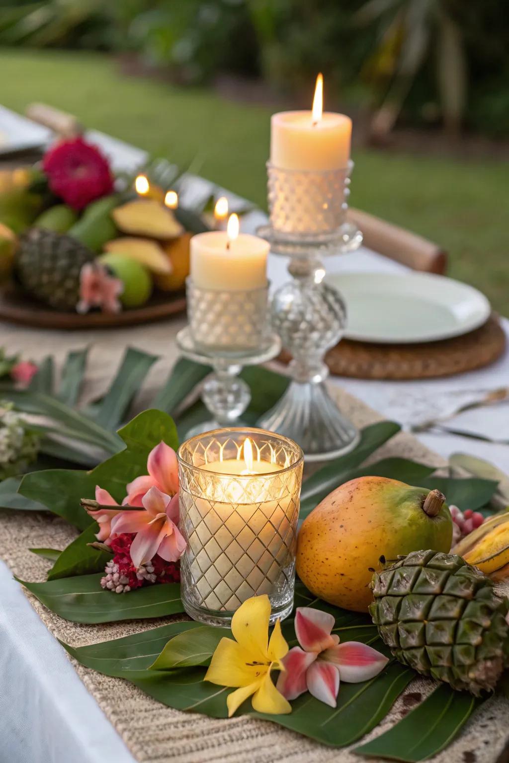 Tropical-scented candles adding ambiance and delightful aromas.