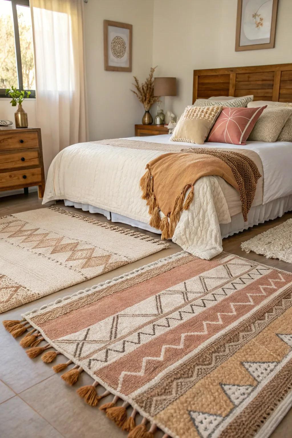 Layered rugs add warmth and comfort underfoot.
