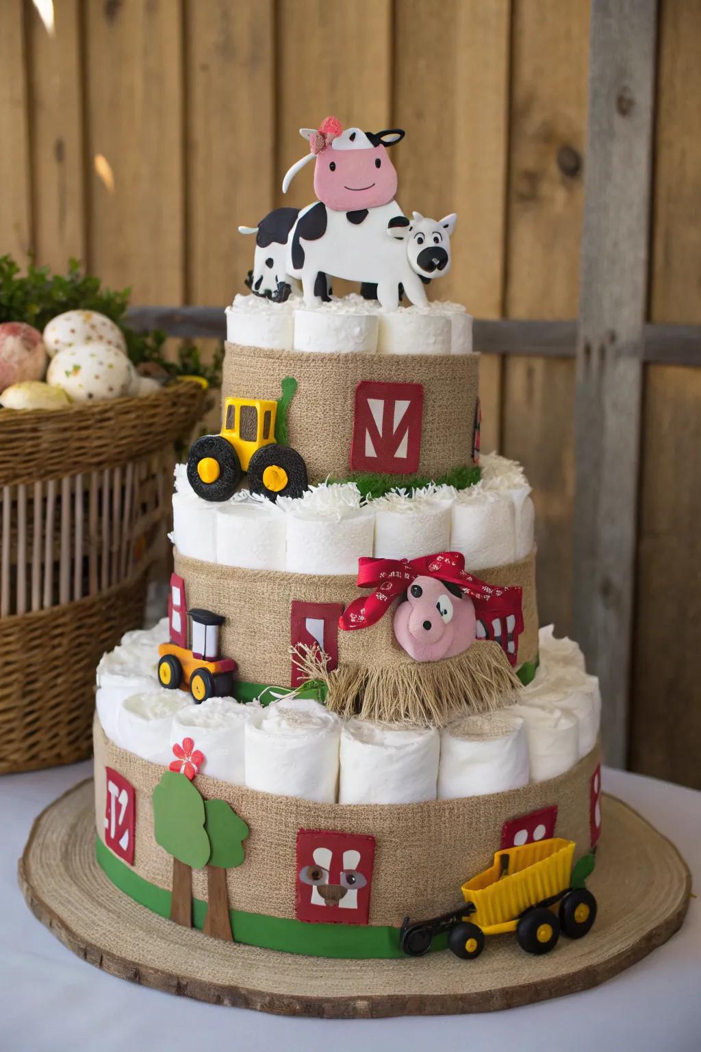 Rustic charm meets practicality with this Farmyard Fun Diaper Cake—a perfect centerpiece for a baby shower with a countryside twist.