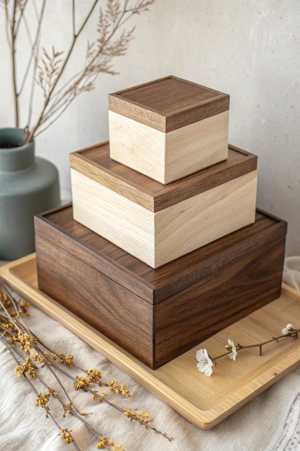 Elevate your decor with the timeless charm of layered wooden boxes, perfect for storing your cherished treasures.