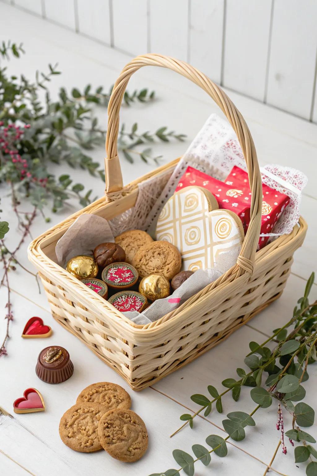 Indulge his sweet tooth with this chic and thoughtfully curated Valentine's basket. #ValentinesDay #SweetTreats #MinimalistStyle